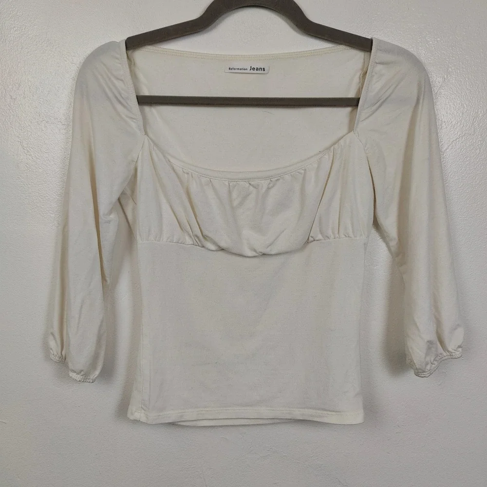 Reformation‎ Mari Tencel Jersey Top Womens XS Cream Square Neck 3/4 Sleeve